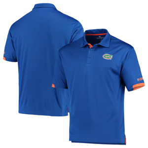 Blue polo shirt featuring the Florida Gators logo on the chest and \“Florida\“ on the sleeve, with orange accents on the sleeve edges and the inner collar.