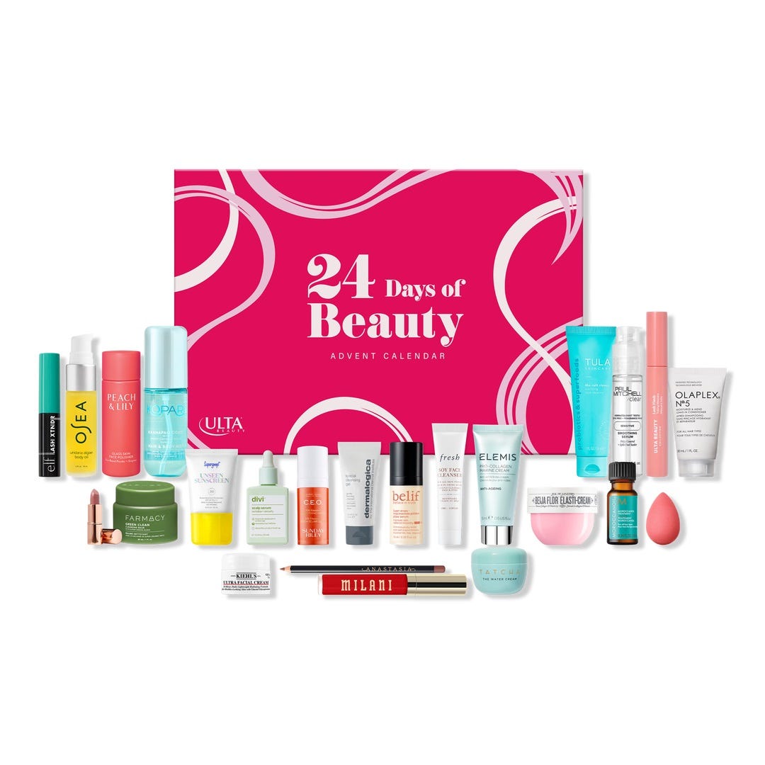 A beauty advent calendar from Ulta Beauty, labeled \“24 Days of Beauty,\“ featuring various skincare and cosmetic items, including creams, serums, lipsticks, powders, and tools from different brands, all displayed in front of a pink box.