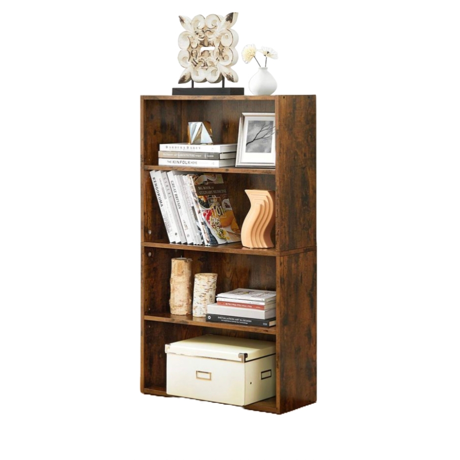 A 4-tier bookcase with a rustic brown finish, displaying books, decorative vases, wooden ornaments, and a storage box. The top shelf features a floral sculpture and a small vase with flowers.