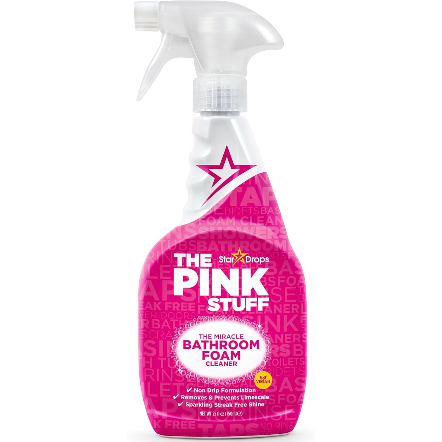 The Pink Stuff Miracle Bathroom Foam Cleaner is a non-drip formulation designed to remove and prevent limescale while providing a sparkling, streak-free shine. It is vegan and comes in a 25 fl oz (750ml) spray bottle.