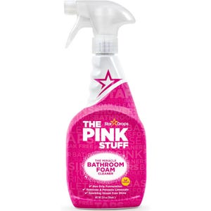 The Pink Stuff Miracle Bathroom Foam Cleaner is a non-drip formulation designed to remove and prevent limescale while providing a sparkling, streak-free shine. It is vegan and comes in a 25 fl oz (750ml) spray bottle.