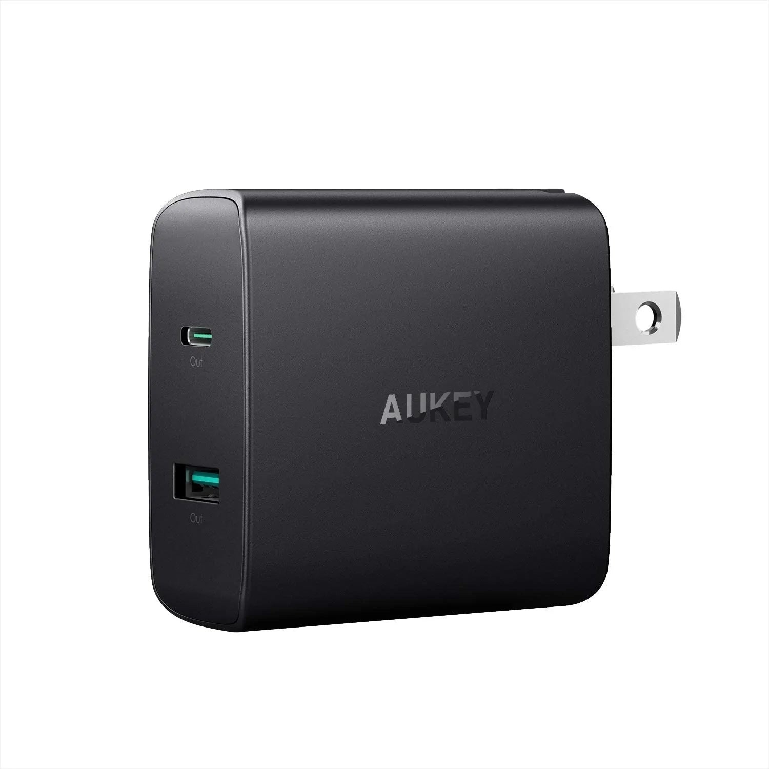Black AUKEY wall charger with two USB ports, one standard and one green Quick Charge port.