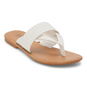White thong sandal with a woven strap and tan sole.