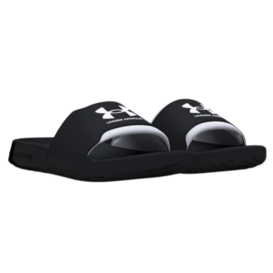Black Under Armour slide sandals with a white logo on the strap, featuring a contoured footbed for comfort.