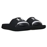 Black Under Armour slide sandals with a white logo on the strap, featuring a contoured footbed for comfort.