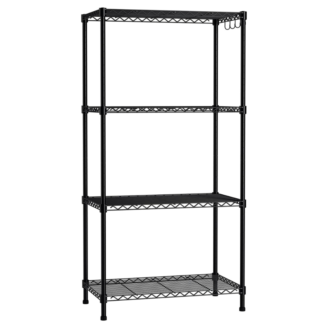 Black metal shelving unit with four tiers and hooks on the side, designed for storage and organization.