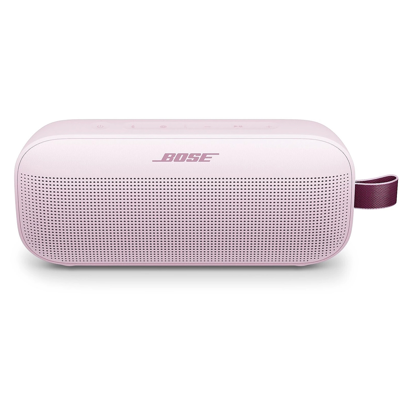 Bose portable Bluetooth speaker in light pink with a maroon carrying strap, featuring a perforated front grille and top control buttons.