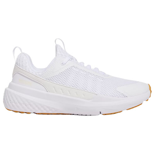 White athletic sneaker with a breathable mesh upper, a thick cushioned sole, and a gum outsole.