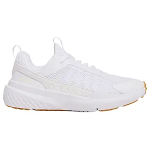 White athletic sneaker with a breathable mesh upper, a thick cushioned sole, and a gum outsole.