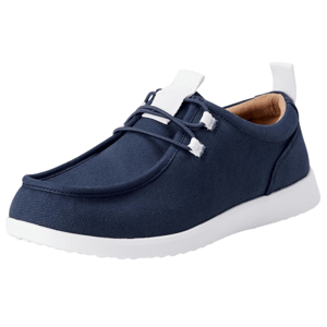 A blue casual shoe with a white sole and two-loop lacing design, featuring white accents and a low-top style.