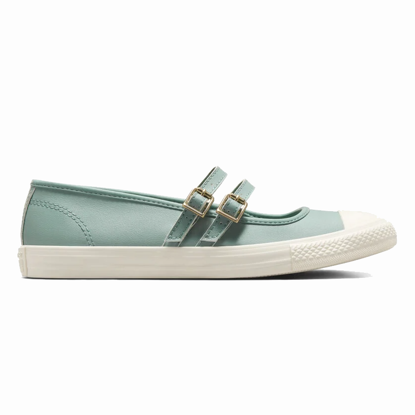 Converse Wipeable Mary Jane Shoes feature a light teal color with a classic white rubber sole and toe cap. They have dual adjustable straps with gold buckles, combining a casual sneaker style with Mary Jane elegance.
