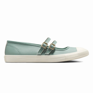 Converse Wipeable Mary Jane Shoes feature a light teal color with a classic white rubber sole and toe cap. They have dual adjustable straps with gold buckles, combining a casual sneaker style with Mary Jane elegance.