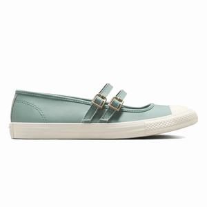 Converse Wipeable Mary Jane Shoes feature a light teal color with a classic white rubber sole and toe cap. They have dual adjustable straps with gold buckles, combining a casual sneaker style with Mary Jane elegance.