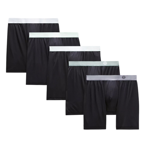 Five pairs of black men's boxer briefs featuring light-colored elastic waistbands with a small logo.