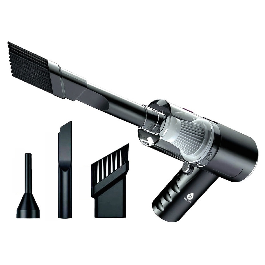 Cordless handheld vacuum cleaner with various attachments, including a narrow nozzle, a flat nozzle, and a brush attachment, designed for precise cleaning tasks.