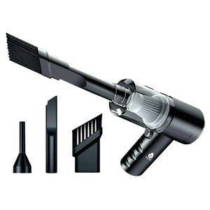 Cordless handheld vacuum cleaner with various attachments, including a narrow nozzle, a flat nozzle, and a brush attachment, designed for precise cleaning tasks.