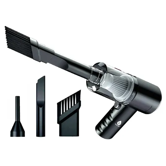 Cordless handheld vacuum cleaner with various attachments, including a narrow nozzle, a flat nozzle, and a brush attachment, designed for precise cleaning tasks.