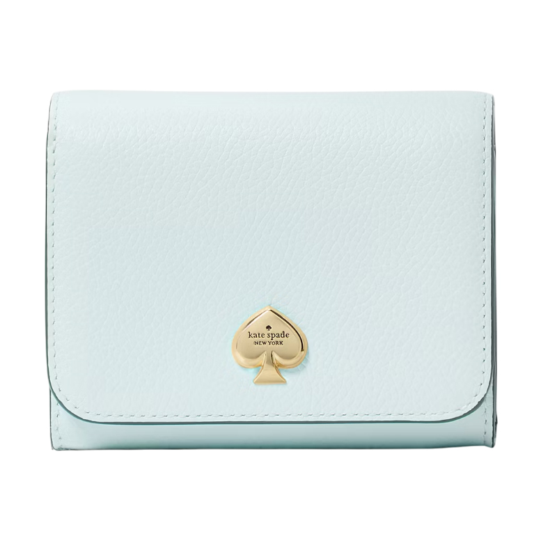 Light blue leather wallet with a gold spade logo, labeled \“kate spade NEW YORK.\“