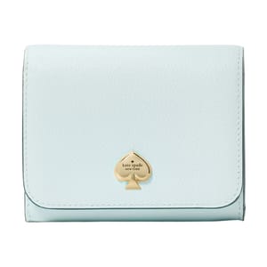 Light blue leather wallet with a gold spade logo, labeled \“kate spade NEW YORK.\“