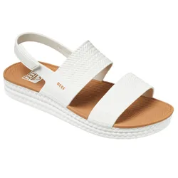 White sandal with a textured sole and two straps across the upper foot, featuring a slingback for added support.