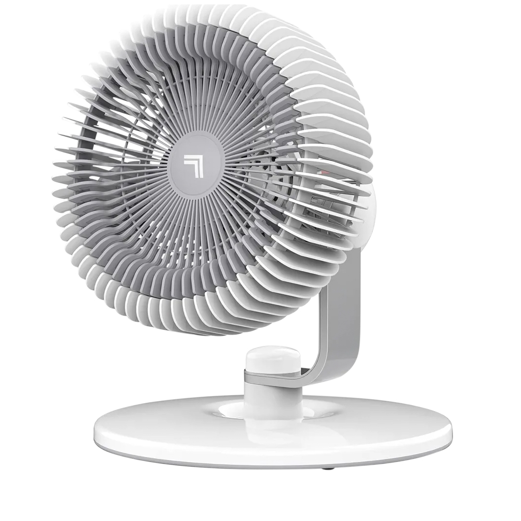 A modern, gray and white oscillating table fan with a circular design and angled blades on a sleek base.