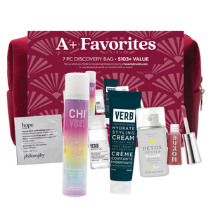A+ Favorites 7-piece discovery bag includes CHI Vibes dry shampoo, VERB Hydrate styling cream and Ghost oil, Philosophy moisturizer, Drybar Detox spray, and Buxom lip gloss, valued over $103.