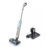 A cordless floor-cleaning device with a slim design and a separate charging dock, featuring a water tank for wet cleaning and a roller brush for efficient surface maintenance.