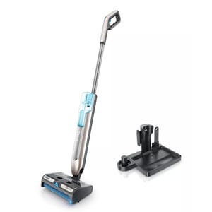 A cordless floor-cleaning device with a slim design and a separate charging dock, featuring a water tank for wet cleaning and a roller brush for efficient surface maintenance.