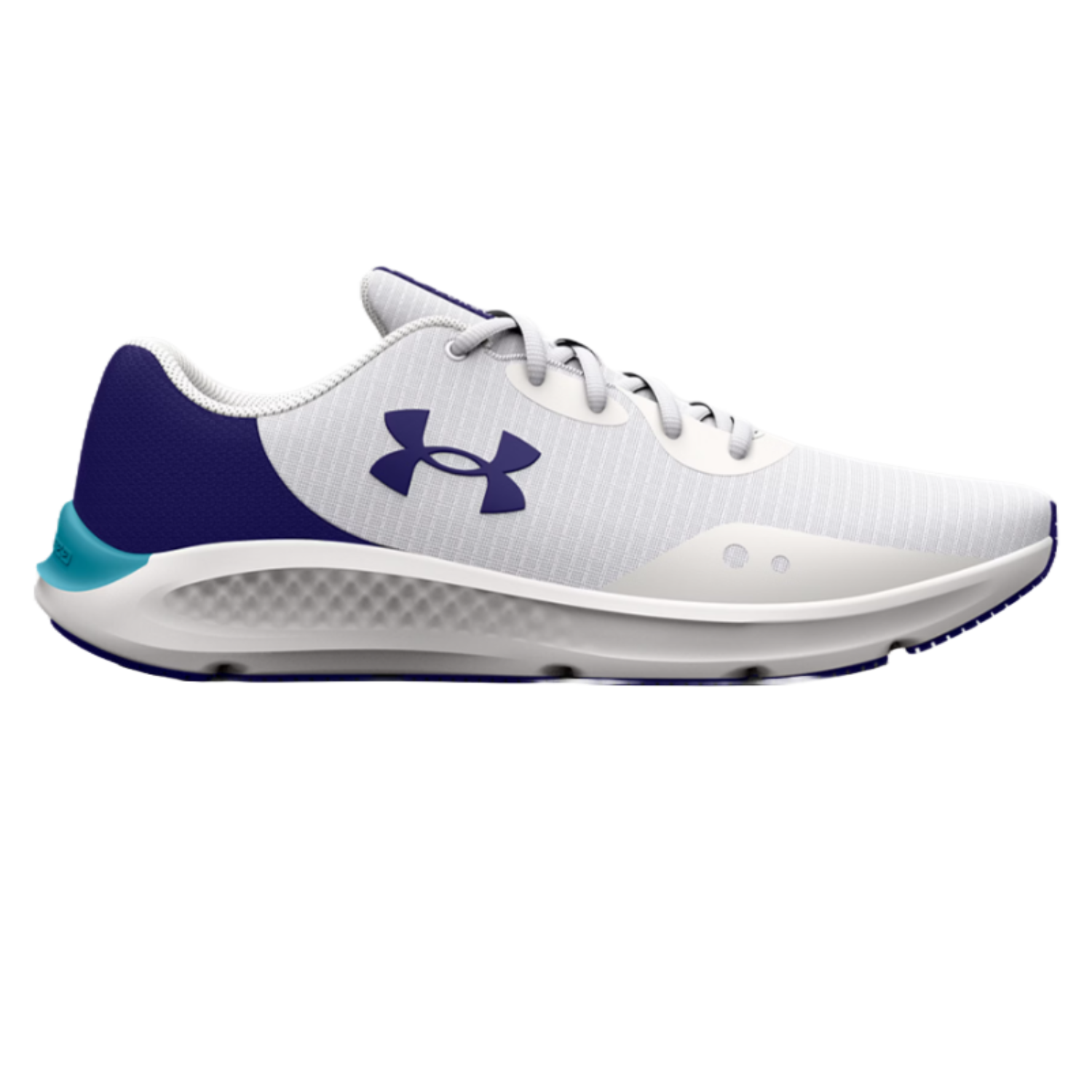 Under Armour Charged Pursuit 3 Shoes feature a lightweight white mesh upper with navy accents, including the logo, and a cushioned sole with a blue heel for enhanced comfort and style.