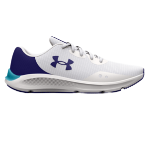 Under Armour Charged Pursuit 3 Shoes feature a lightweight white mesh upper with navy accents, including the logo, and a cushioned sole with a blue heel for enhanced comfort and style.