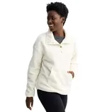 A woman is wearing a white, long-sleeve pullover fleece with a high collar, button accents, and a front pocket, paired with black leggings.