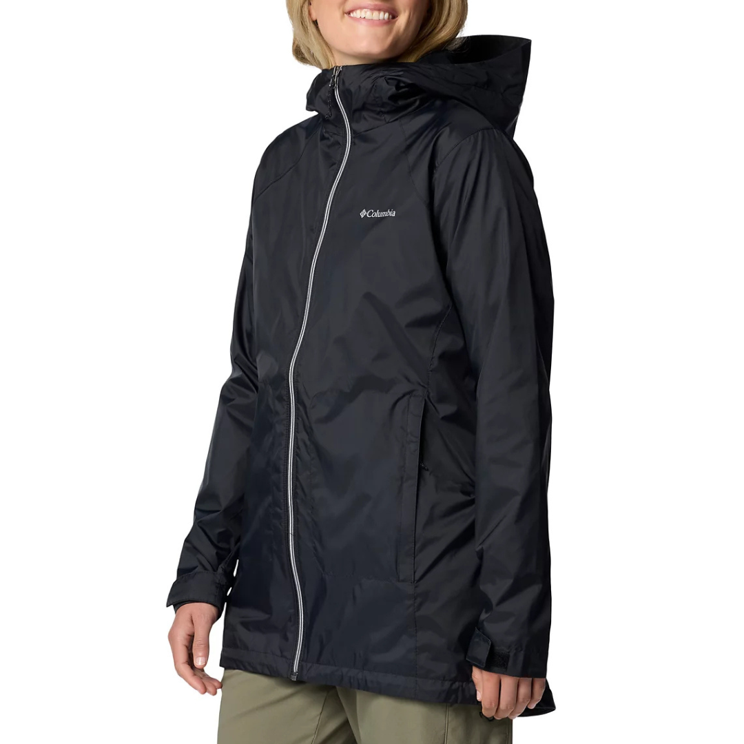 The Columbia Switchback Long Lined Jacket is a black waterproof jacket with a full-length front zipper, adjustable hood, and two zippered pockets, designed for protection in wet weather.