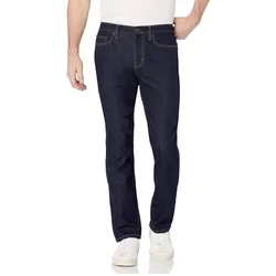 Dark blue straight-leg jeans paired with white sneakers and a white T-shirt.