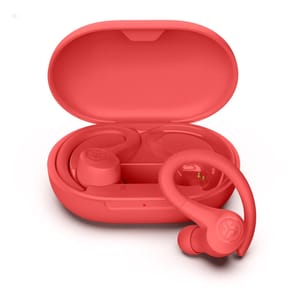Red JLab Wireless Sport Earbuds with ear hooks, featuring a compact charging case. Ideal for workouts, providing a secure fit and wireless convenience.