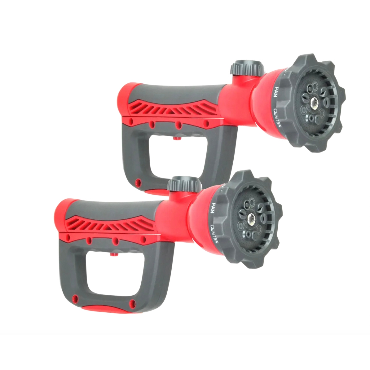 Two Bernini garden hose nozzles in red and black with adjustable spray patterns, including fan and center. They have ergonomic handles for easy grip and control.