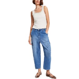 And Now This Barrel Leg Jeans are blue, relaxed-fit denim with a high-rise waist and a cropped length. They feature a casual, loose silhouette with stylish seam detailing.