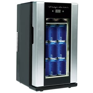 Mini beverage fridge with a glass door, accommodating nine blue soda cans in a sleek black and silver design.