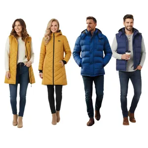 Four people are wearing winter outerwear: two women in yellow quilted coats (one is a vest) and two men in blue jackets (one is a puffer jacket and the other a vest).