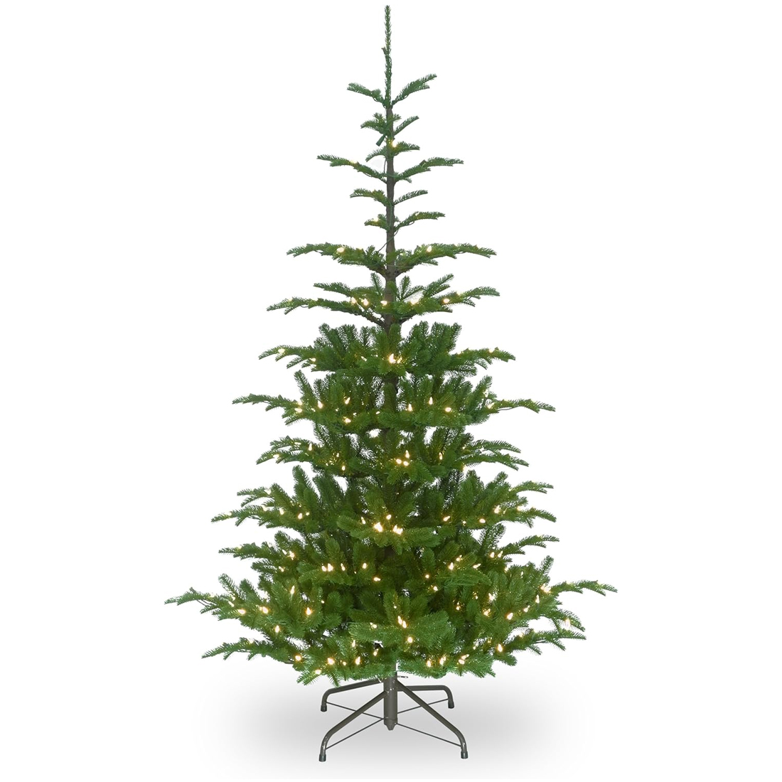 A 7.5-foot pre-lit artificial Christmas tree with a sparse, natural look, featuring evenly spaced branches and warm white lights on a sturdy stand.