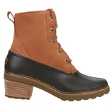 A brown lace-up boot with a textured upper and high heel, featuring a black rubber lower section and tan outsole, designed for style and durability.