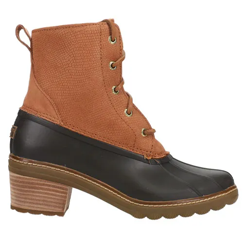 A brown lace-up boot with a textured upper and high heel, featuring a black rubber lower section and tan outsole, designed for style and durability.