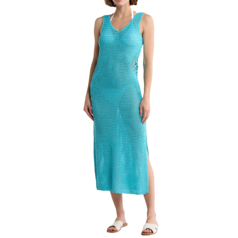 Blue crochet tank dress with a semi-sheer design, featuring a scoop neckline and midi length. Ideal as a swim cover-up, paired with white sandals.
