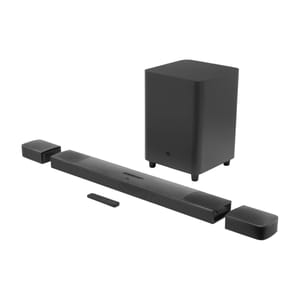 A JBL Bar 9.1 Soundbar System with a central long soundbar, two detachable wireless surround sound speakers, and a wireless subwoofer.