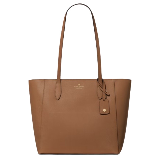 A brown leather tote bag with long handles and a small tag featuring a spade symbol, designed by Kate Spade New York.