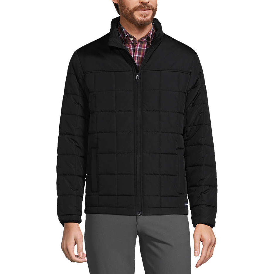 Lands' End Men's Insulated Jacket is black with a quilted pattern, featuring a full front zipper, two side pockets, and a stand-up collar. It's layered over a plaid shirt, and the fit is tailored, providing warmth and a classic look.