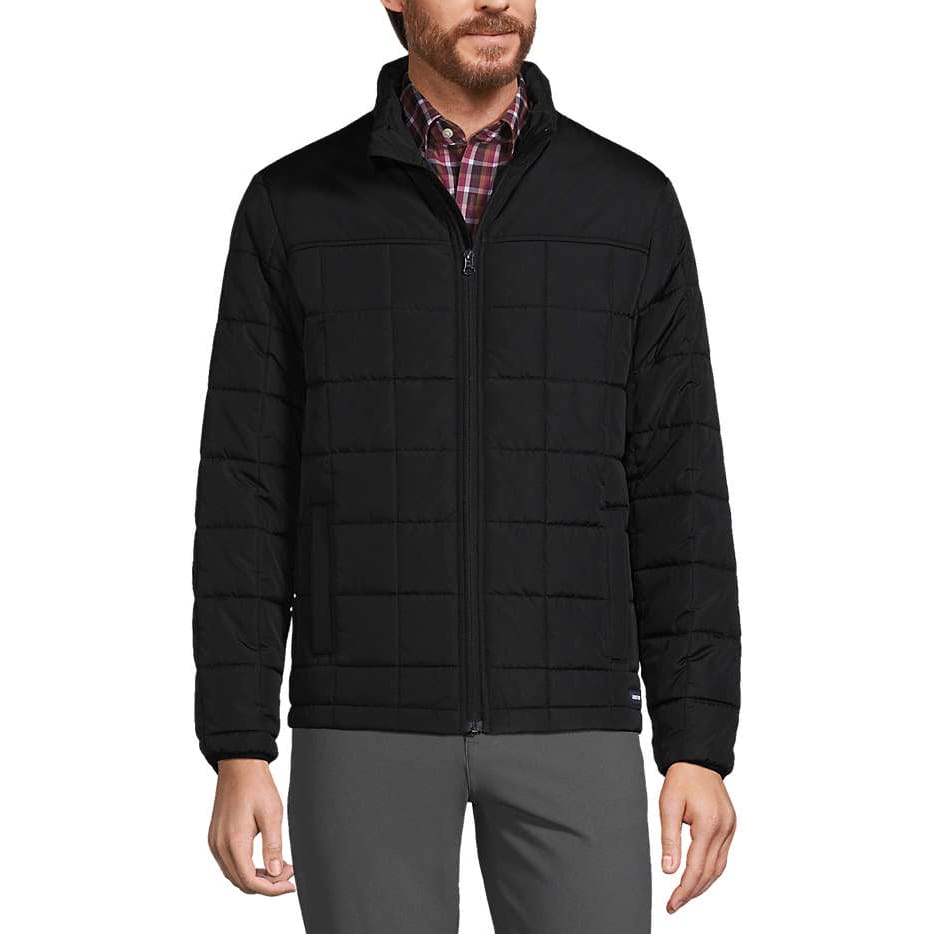Lands' End Men's Insulated Jacket is black with a quilted pattern, featuring a full front zipper, two side pockets, and a stand-up collar. It's layered over a plaid shirt, and the fit is tailored, providing warmth and a classic look.