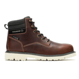 Brown leather Wolverine work boot with waterproof features, white lug sole, and black ankle padding.