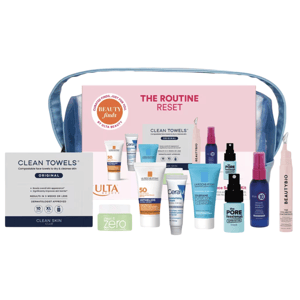 A beauty set featuring a variety of skincare products including Clean Towels, sunscreens from La Roche-Posay, moisturizers from CeraVe, a cleanser, and products from BeautyBio and Banila Co, all in a clear blue zippered pouch.