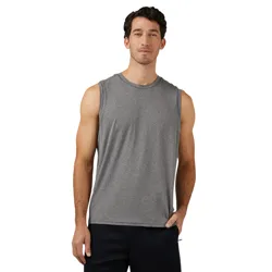 Sleeveless gray athletic tank top paired with dark pants, modeled by a person against a plain background.