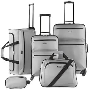 A set of five silver-gray travel bags including suitcases, a duffle, a tote, and a small pouch, all with black trim and handles.